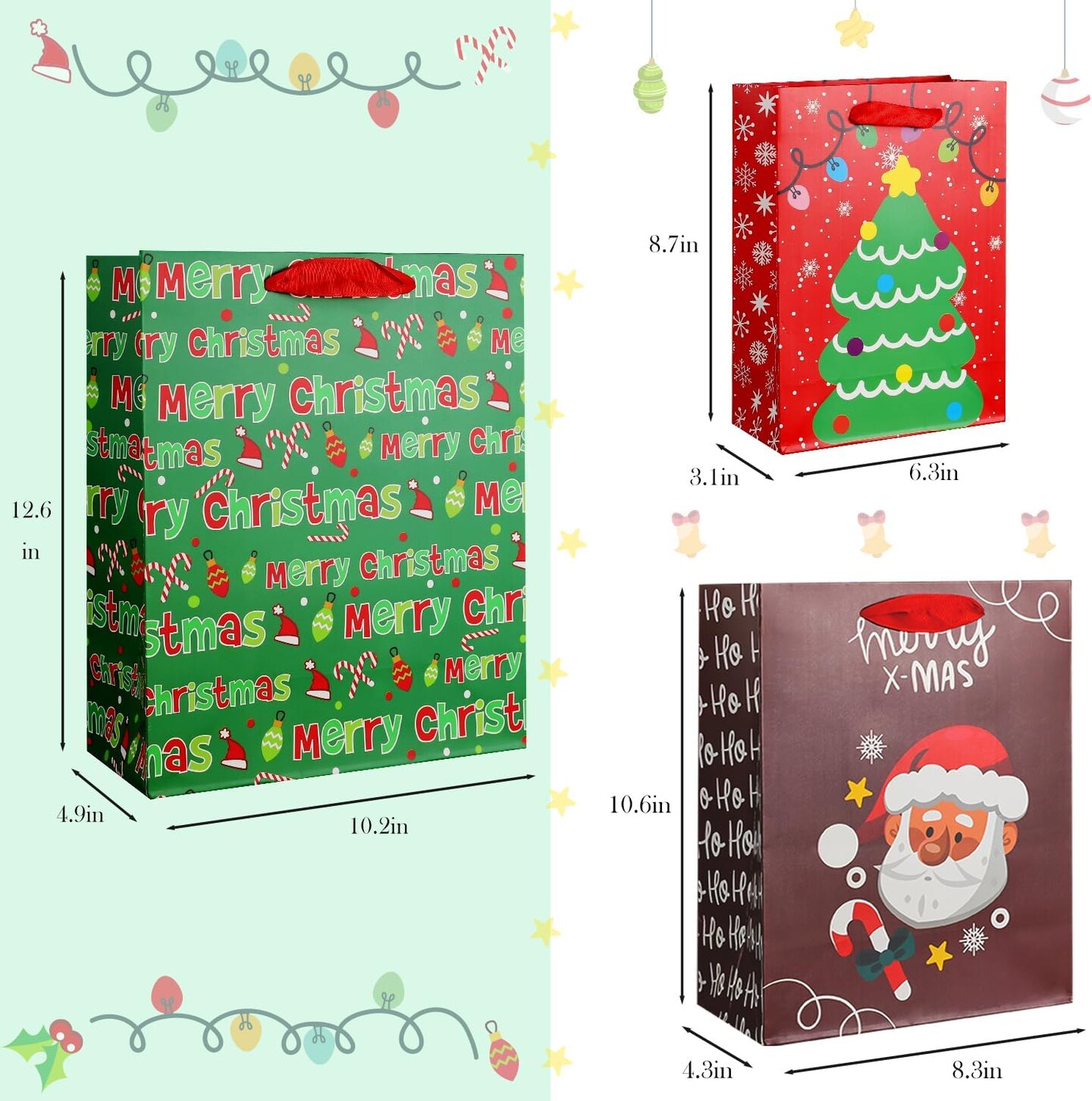 12 Pack Christmas Paper Gift Bags Assorted Sizes with Tissue Paper, Christmas Treat Gift Bags Bulk with Handles, Christmas Goodie Bags for Kids Gifts, Xmas Gift Bags Party Favors
