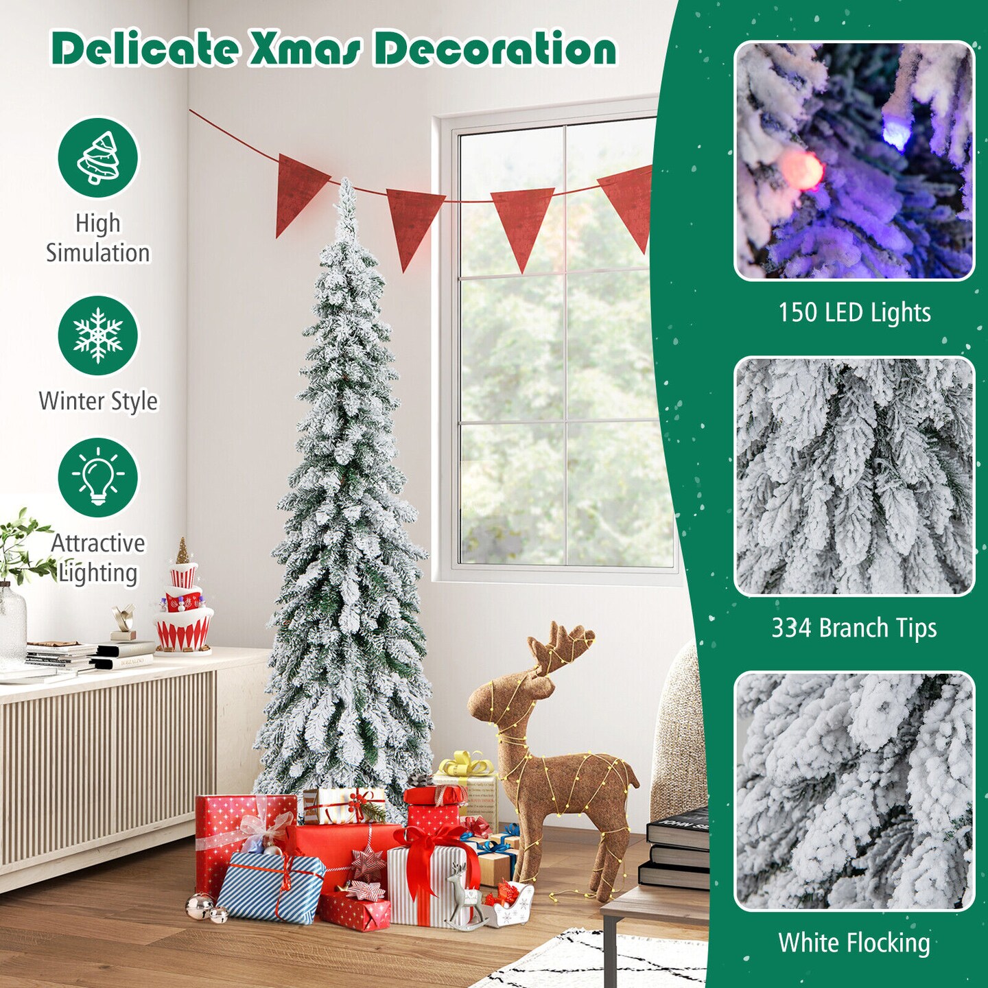 Pre-lit Artificial Christmas Tree Snow-Flocked Slim Pencil X-mas Decor