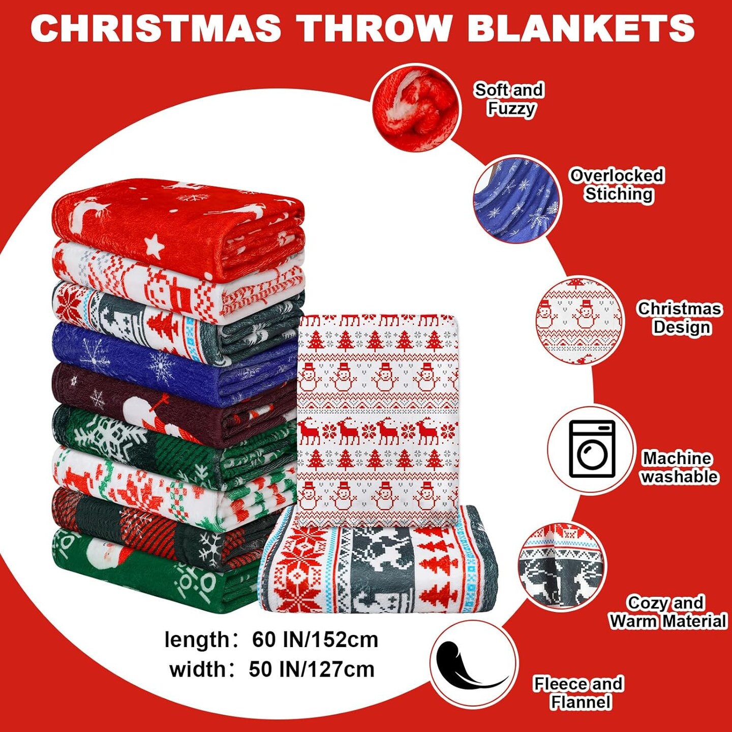 9 Pcs Christmas Throw Blankets Bulk Soft Christmas Fleece Blanket Reindeer Santa Snowman Snowflake Plaid Holiday Printed Xmas Flannel Blanket for Warm Winter Bedding, Couch and Gift 50&#x22; x 60&#x22;