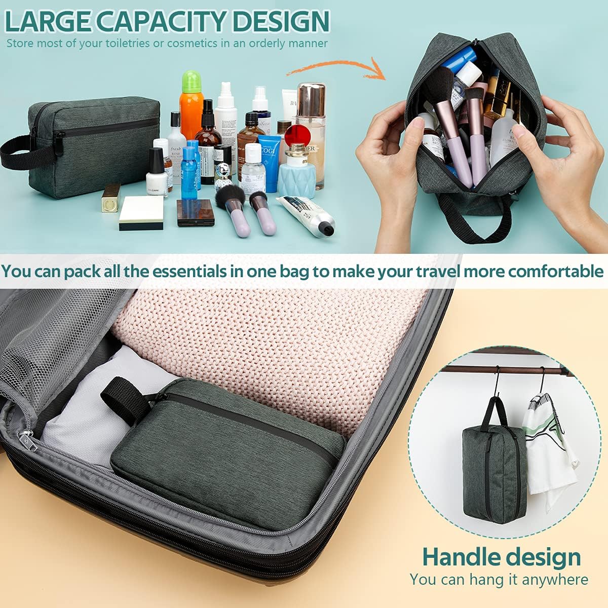 Travel Toiletry Bag for Women and Men, Water-resistant Shaving Bag for Toiletries Accessories, Foldable Storage Bags with Divider and Handle for Cosmetics Toiletries Brushes Tools (Gray)