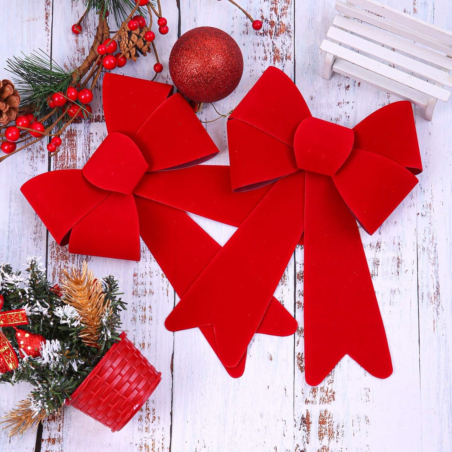 12 Pieces Red Christmas Bows for Wreaths 5 x 8 Inches Christmas Bows for Tree Christmas Decoration Bows, Indoor and Outdoor