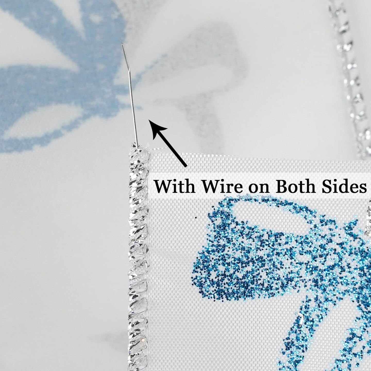 Blue and Silver Christmas Ribbon 2.5 Inch White Satin Ribbon with Turqupise and Silver Glittery Bows Pattern 25 Yards Blue and Silver Christmas Wired Ribbon for Tree, Garlands, Topper Bow