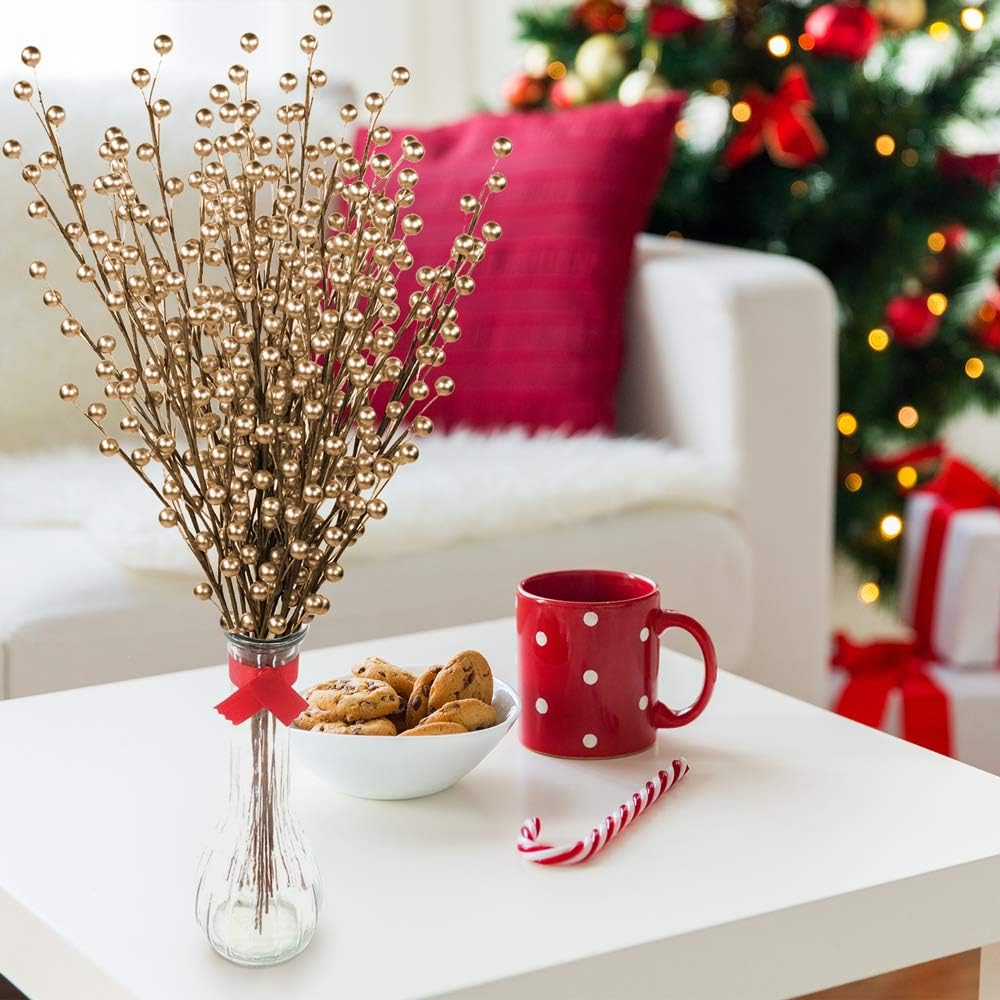 Set of 48: 17&#x22; Artificial Gold Holly Berry Sprays - 35 Lifelike Berries, Festive Holiday Decor for Trees, Wreaths, Garlands, Christmas Picks, Home &#x26; Office - 2024 Christmas Collection, Floral Home by Artificial Flowers
