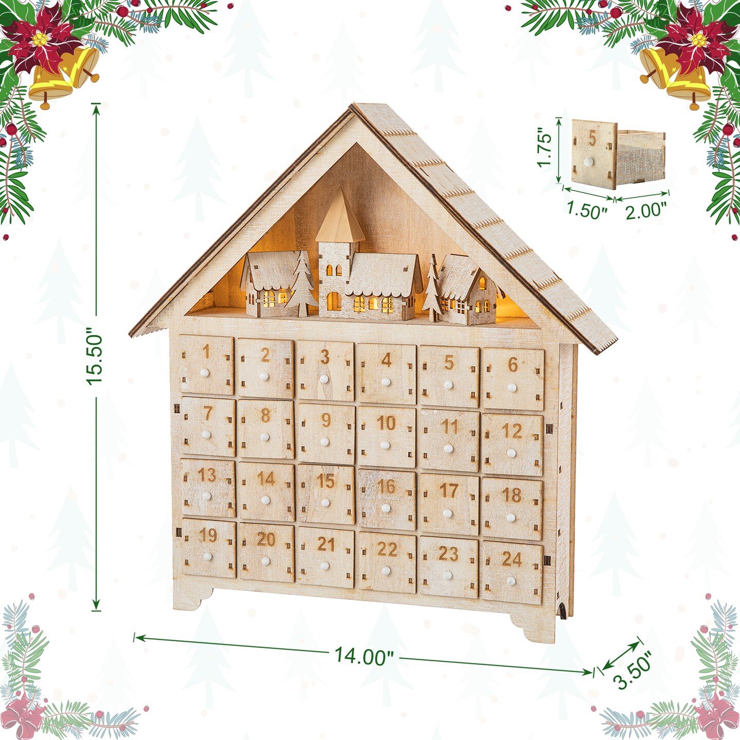 15.25&#x22;H Wooden LED Farmhouse Advent Calendar D&#xE9;cor
