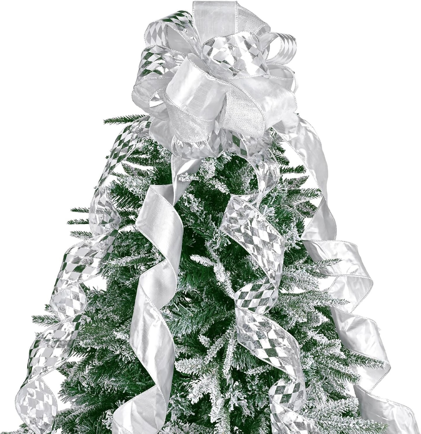 Silver Grid Christmas Tree Topper Bow 11 inch with 4 Ribbon Tails 3 Yards Christmas Decoration Perfect for Weddings Parties