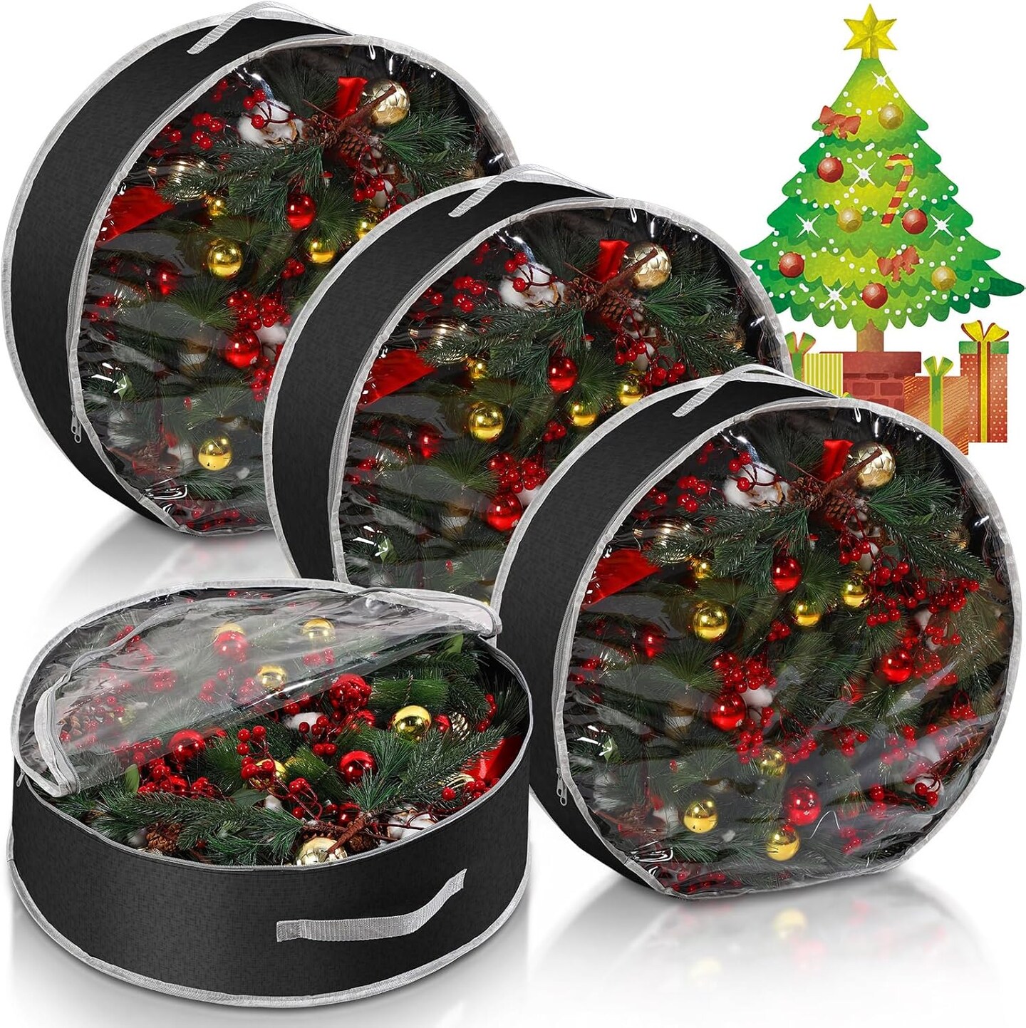 Aliceset 4 Pcs Christmas Wreath Storage Bags Garland Wreath Storage Containers with Clear Window and Handles Christmas Wreath Ornament Boxes for Holiday Seasonal Storage(24 x 24 x 7.8 Inch,Black)