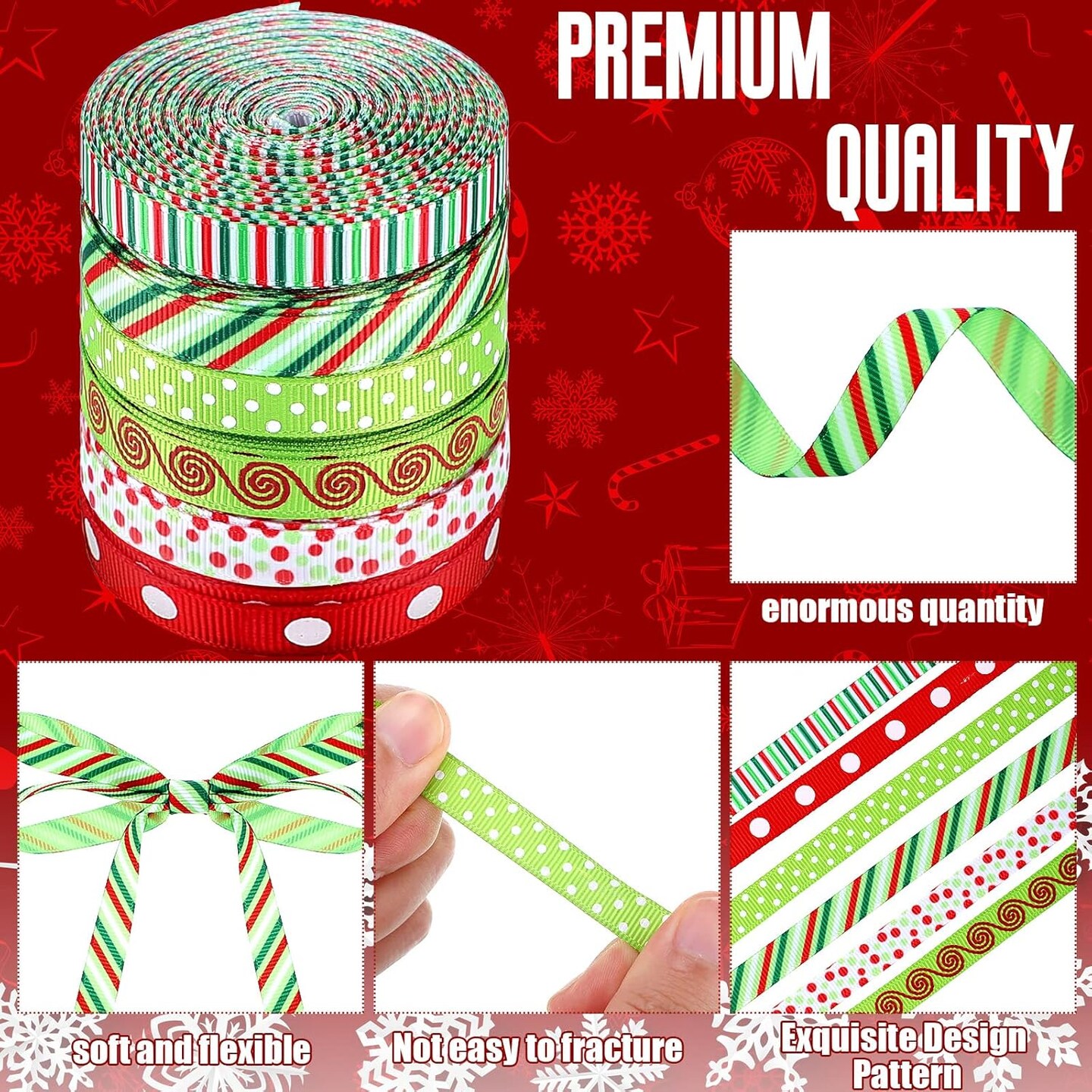 60 Yards 0.4 Inch Thin Christmas Ribbon Grosgrain Ribbon Red Green Dots Stripes Multi Rolled Xmas Gift Ribbon for Gift Wrapping Holiday Decoration DIY Crafts Christmas Ornaments