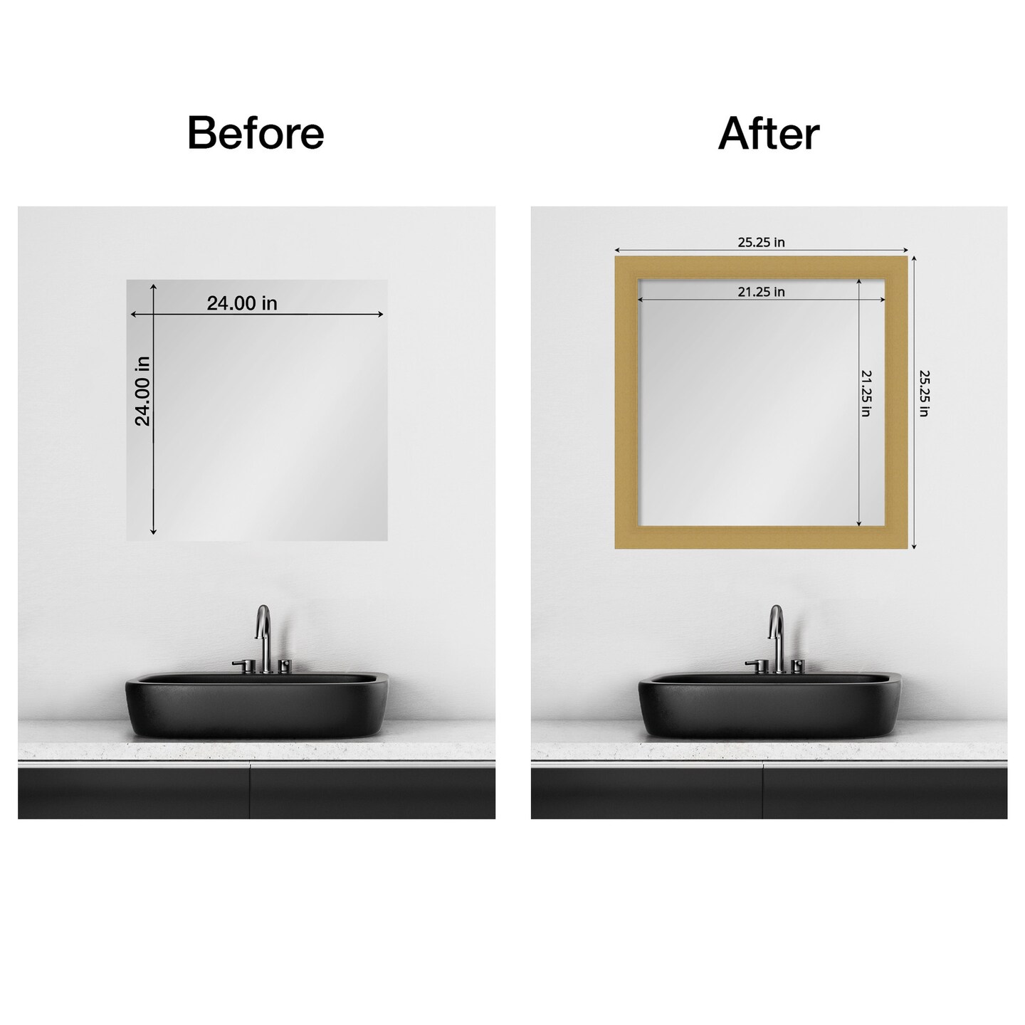 Amanti Art Mirror Makeover Bathroom Mirror Frame Border Kit - Fully Assembled Peel and Stick Frame - Mirror NOT Included - Grace Brushed Gold Trim