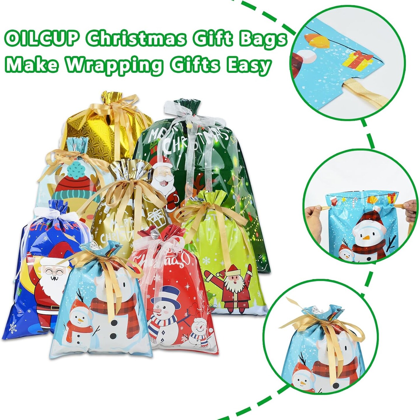 Christmas Drawstring Gift Bags, 28PCS Assorted Sizes Santa Wrapping Bag with Ribbon Tie in 4 Sizes and 8 Designs for Xmas Holiday Presents Party Favor Goody Bags Jumbo/Extra Large/Medium/Small