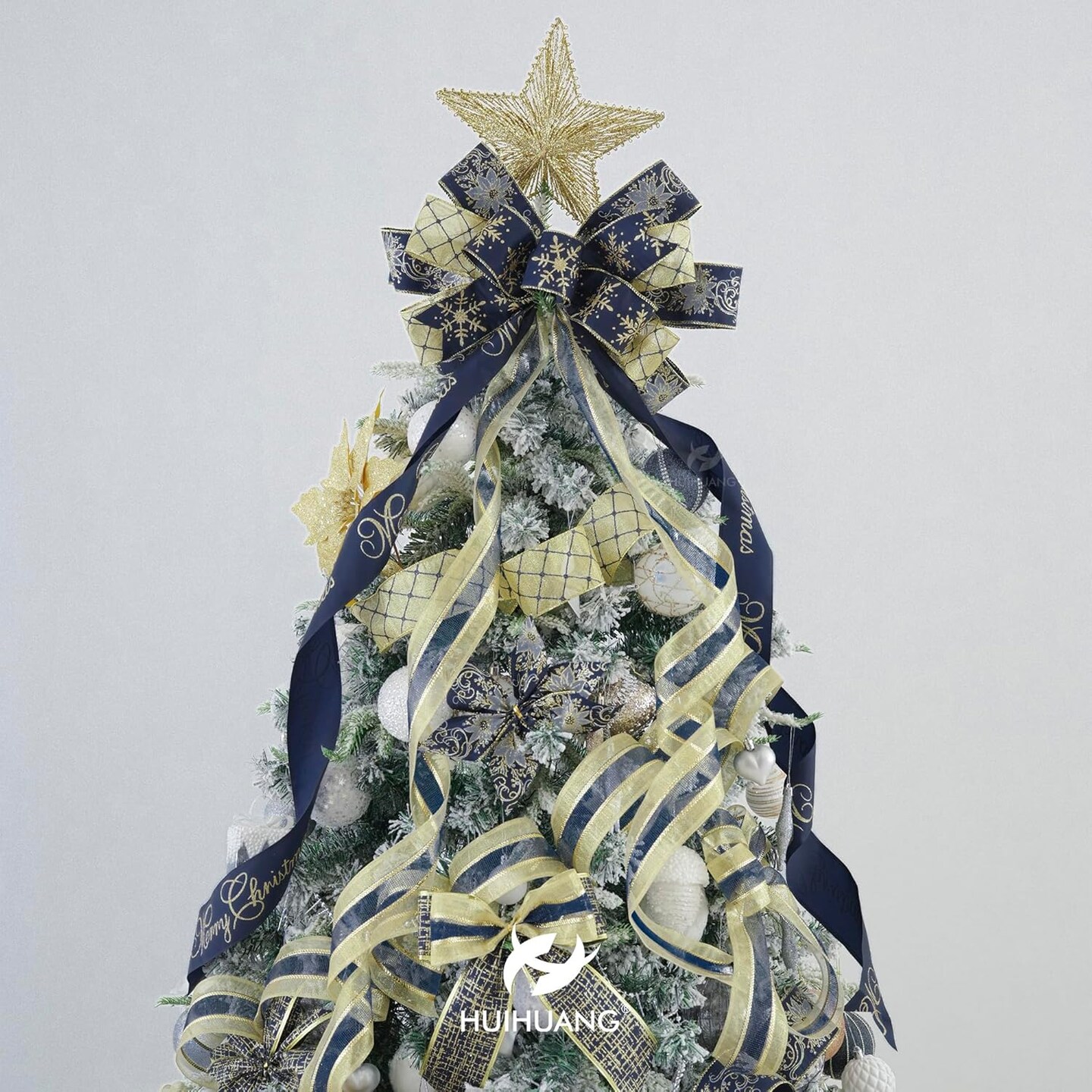 Navy Blue Wired Ribbon for Christmas Tree Blue and Gold Christmas Ribbon Wired Navy Ribbons for Bows, Wreaths, Garlands, Gift Wrapping Crafts, Home Decorations (2.5&#x22; x 6 Rolls, 36 Yds Total)