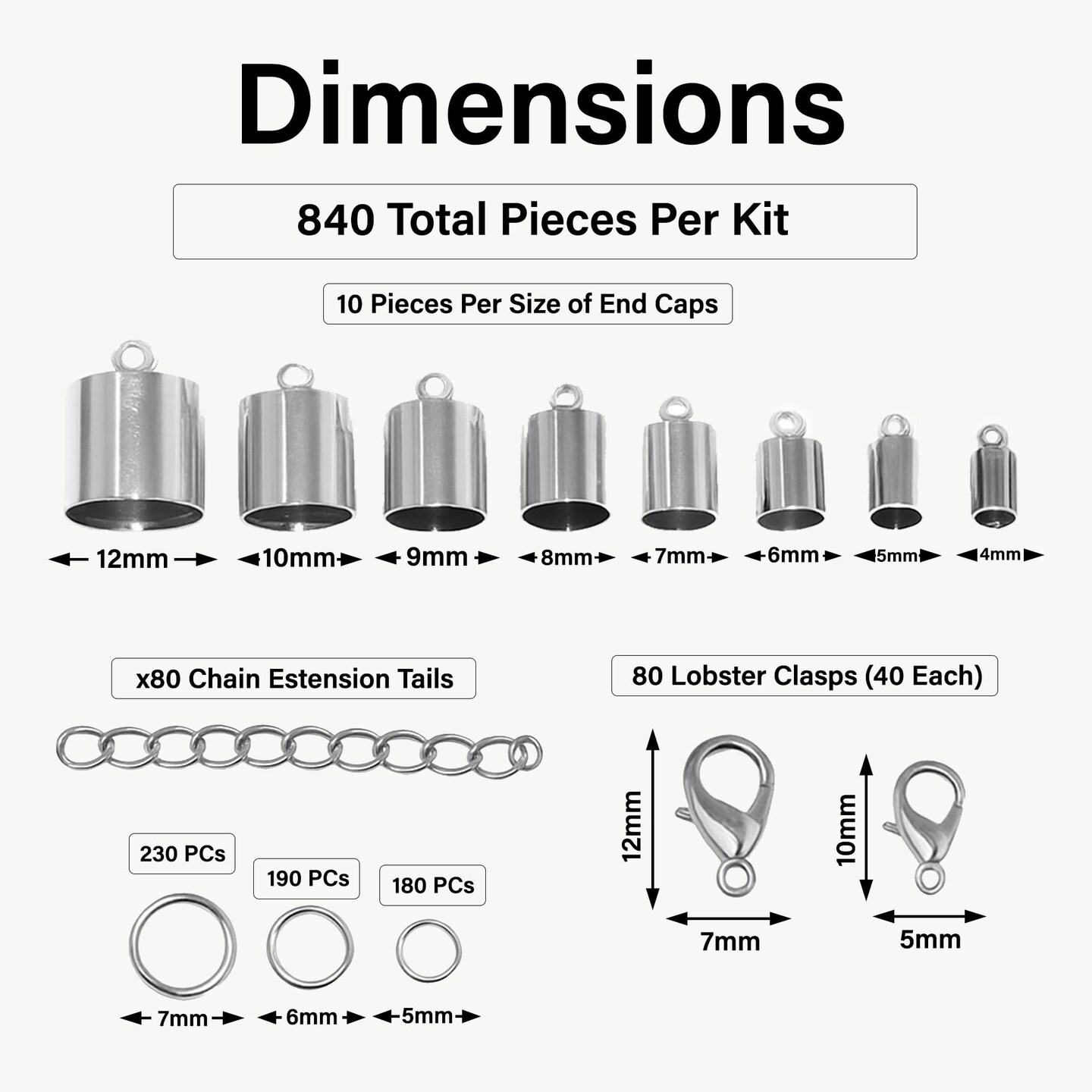 Crafts Silver Tone Leather Cord End Caps for Jewelry Making, Tassel Caps, 4mm to 12mm 840 PCs Cylinder Cord Ends, Kumihimo Supplies and Jewelry Findings