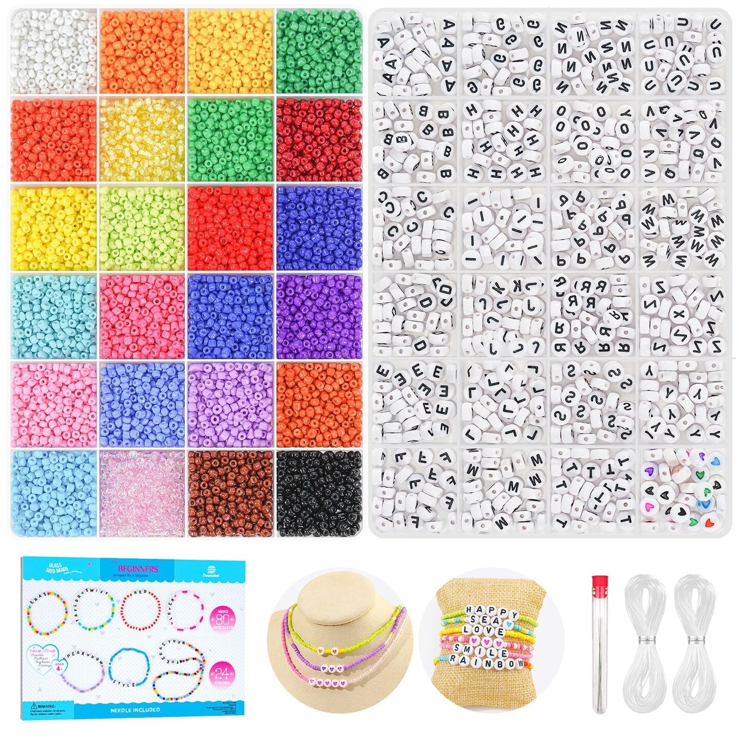 Friendship Bracelet Kit, 10000 Pcs 3mm Glass Seed Beads for Bracelets Making Kit with Letter Alphabet Beads A-Z, 8/0 Craft Bead for Jewelry Making Necklaces and Key Chains with Needle Cord