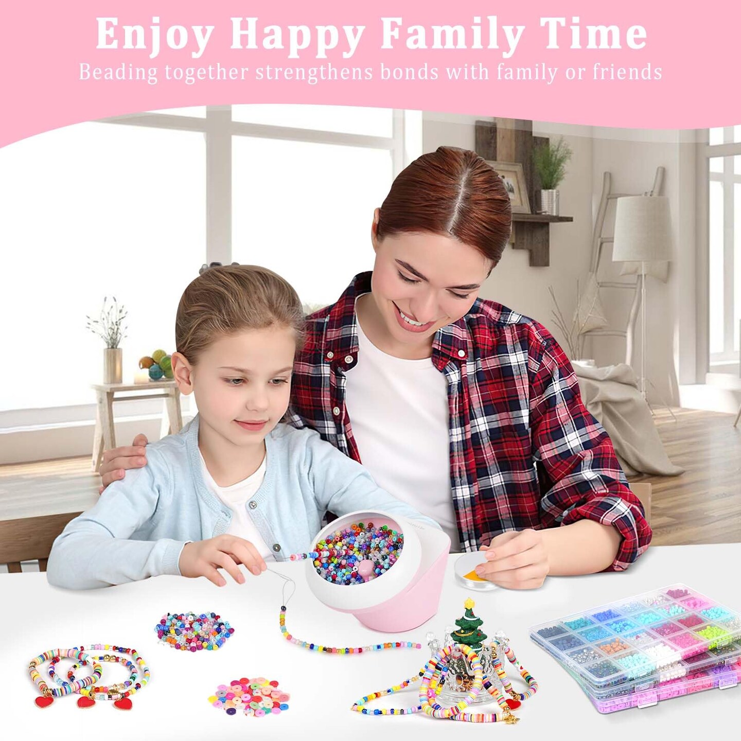 Clay Bead Spinner and Seed Bead Spinner, 2-in-1 Electric Bead Spinner for Jewelry Making, Bracelet Spinner and Necklace Making Machine with Bead Needles and Thread (Pink)