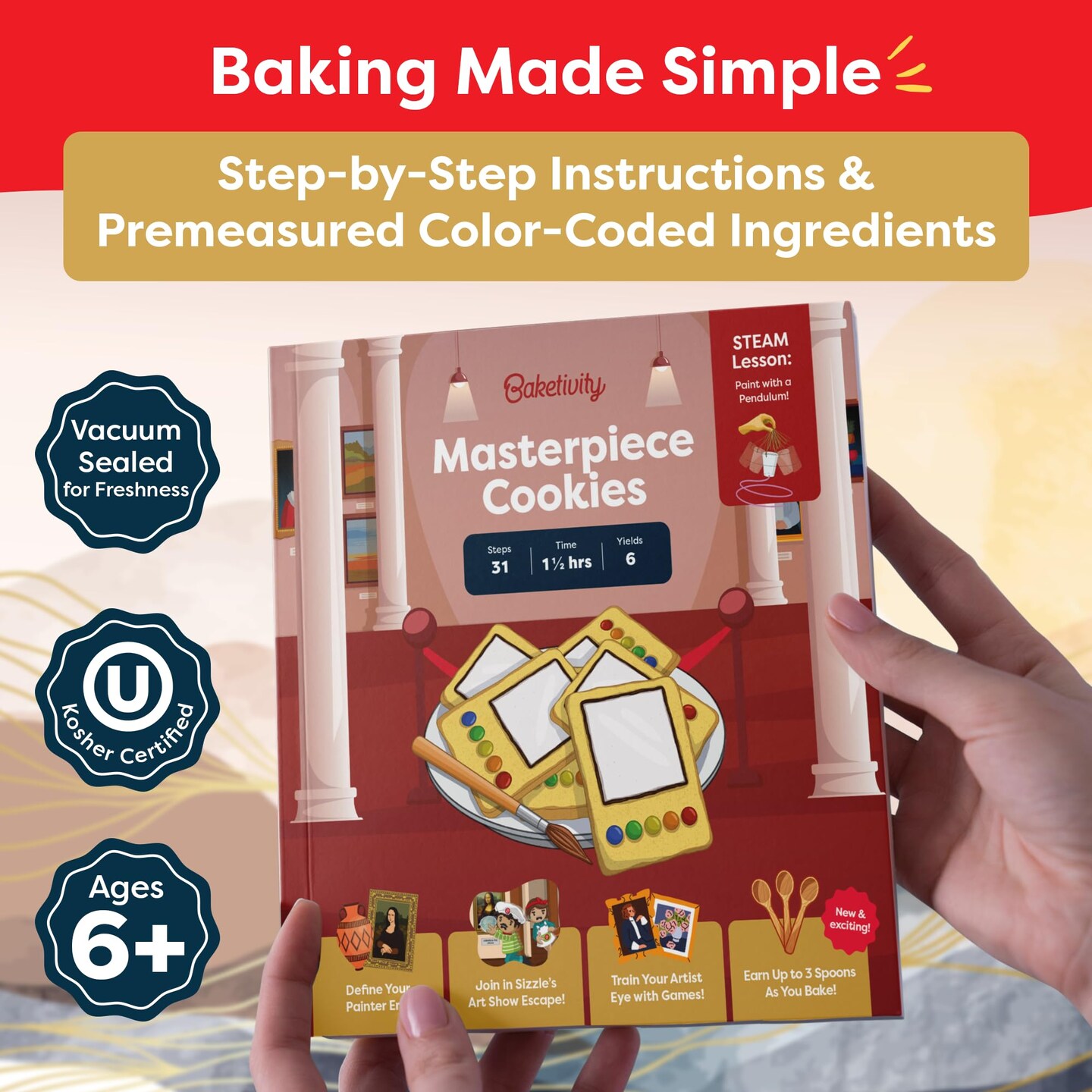 Baketivity Masterpiece Cookies Kids Baking Kit - Cooking Kit for Kids with Premeasured Ingredients, Step by Step Instructions, Paint Brushes, Art Lessons -...