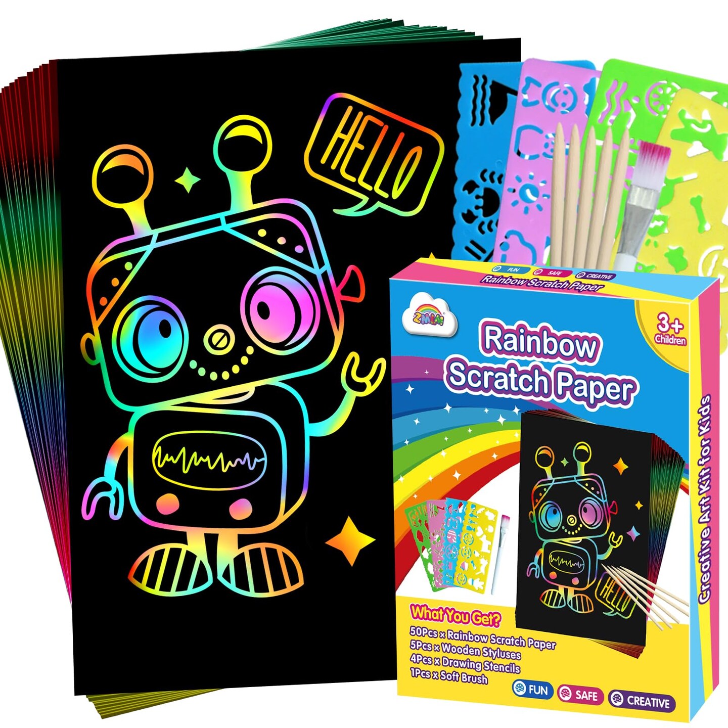 Scratch Art Crafts Boys Gifts, 50 Rainbow Scratch Paper Art Gifts for 3 4 5 6 7 8 9 10 Years Old Girls and Boys Kids, Arts and Crafts for Kids 4-6 Birthday Toys and Games Activities Gift (Blue)