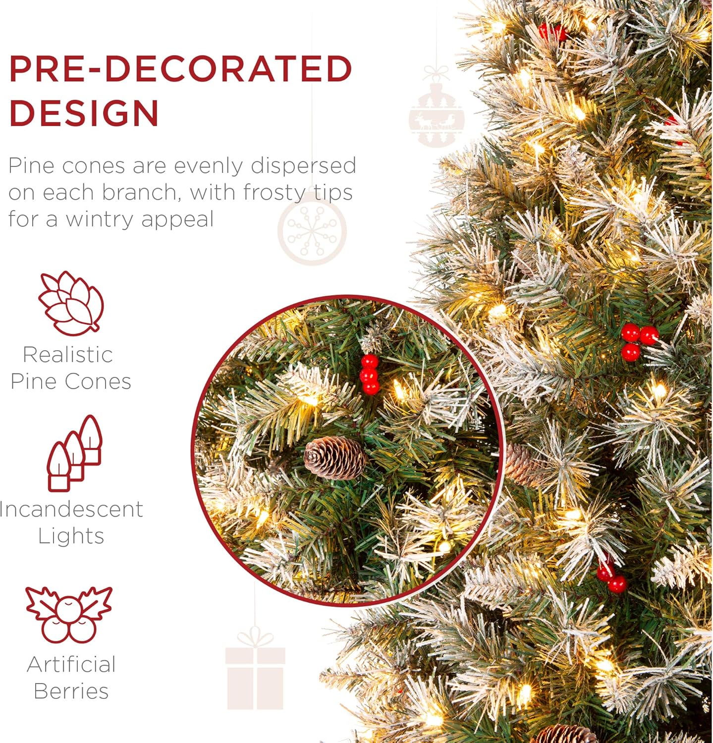 Frosted Pencil Christmas Tree Pre Lit Slim Tree with Pine Cones, 350 Lights & Metal Base