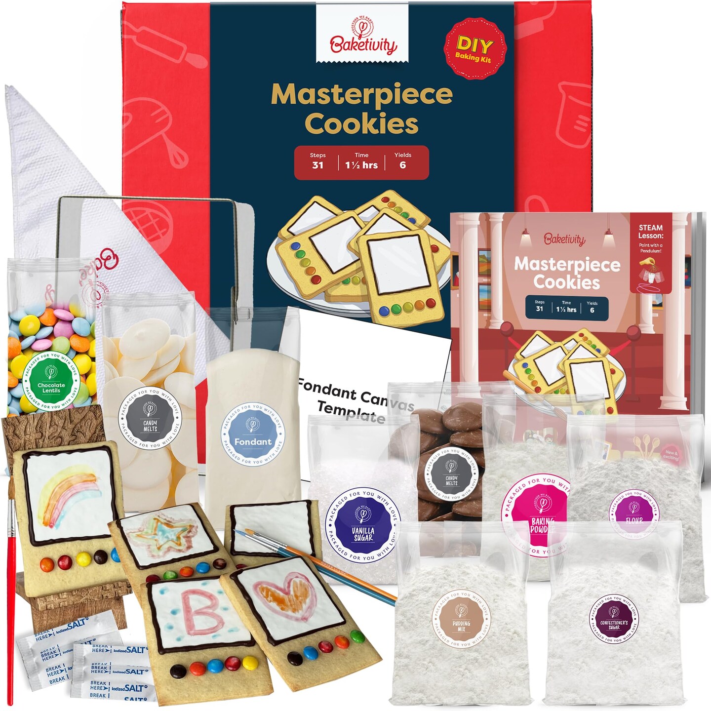 Baketivity Masterpiece Cookies Kids Baking Kit - Cooking Kit for Kids with Premeasured Ingredients, Step by Step Instructions, Paint Brushes, Art Lessons -...