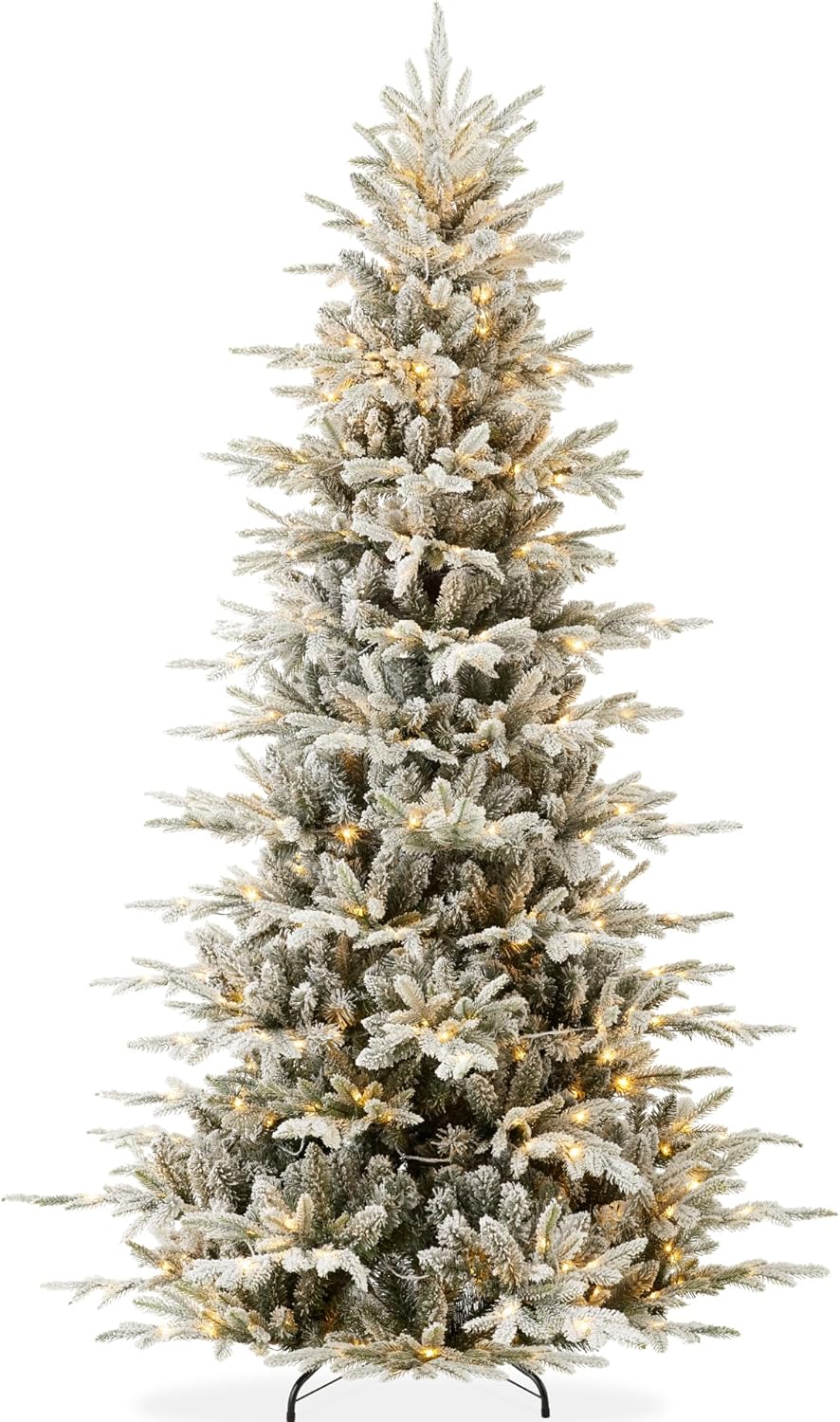 Flocked Aspen Christmas Tree Pre Lit Noble Fir with White & Multicolor LED Lights, Slim Holiday Decor