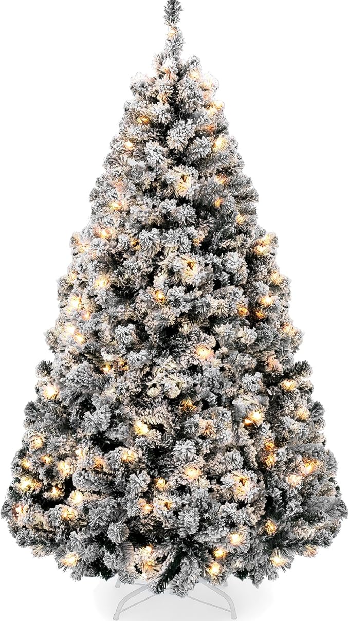 Snow Flocked Christmas Tree Full Pine with 250 White & Multicolor LED Lights, 928 Tips & Foot Switch Control