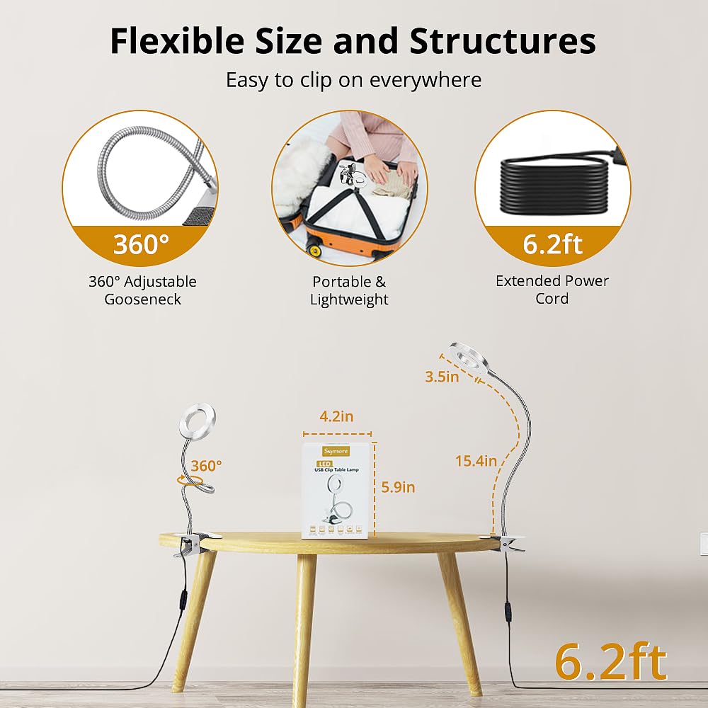 Skymore Clip on Light -3 Color Modes&#x26;10 Brightness LED Reading Desk Light with Clamp Flexible Gooseneck Book Light for Kids&#x27; Bedtime Reading, Zoom Meetings, Clip on Table, Headboard, Dorm&#x26;Office Use