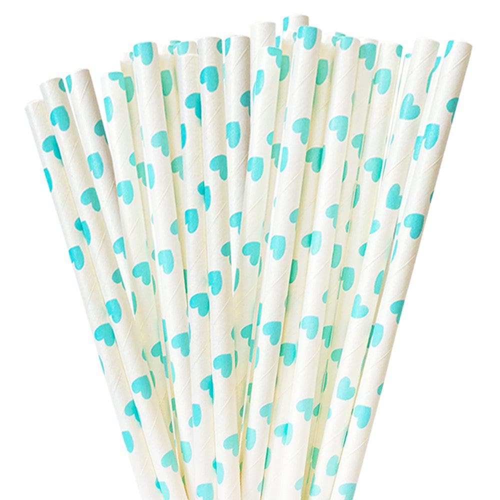 Bakell - Light Blue Heart Polka Dot Cake Pop Party Straws - 24pc