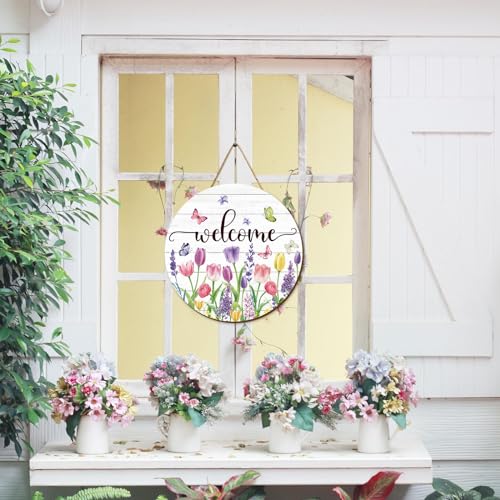 Summer Flower Welcome Door Sign Tulip Wooden Hanging Sign Floral Butterfly Door Hanger Sign for Spring Summer Holiday Indoor Outdoor Farmhouse Home Porch Window Decor