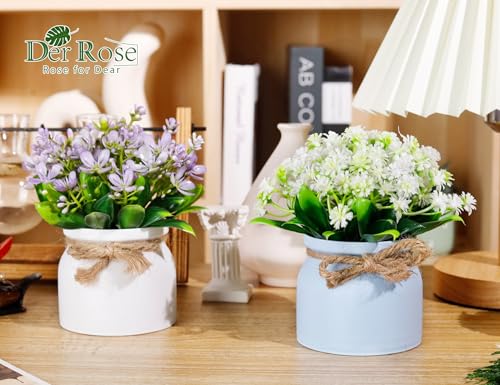 Der Rose 4 Pack Fake Flowers Small Artificial Faux Plants Indoor in Plastic Macaron Pot Spring Decor for Centerpiece Table Decorations Home Office Desk Decor