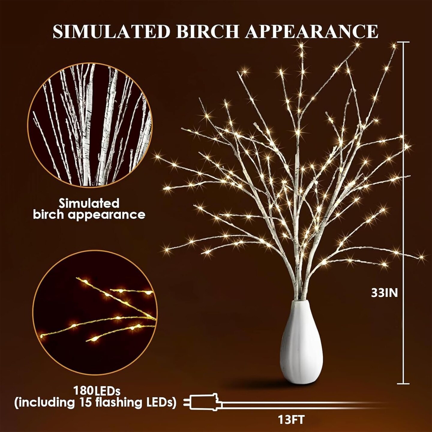 Lighted White Birch Branches with Timer 33IN 180 LED Twig Birch Branches for Vase