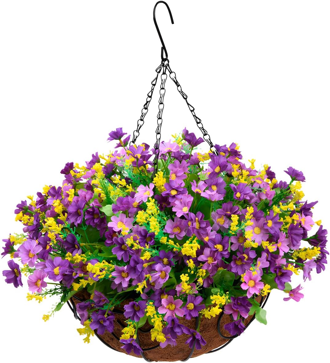 Artificial Hanging Flowers in Basket Outdoor Decoration,Fake Daisy Plants Arrangement,12inch Coconut Lining Pot,Outdoor Indoor Patio Lawn Garden Porch Summer Decor (Dark Purple)