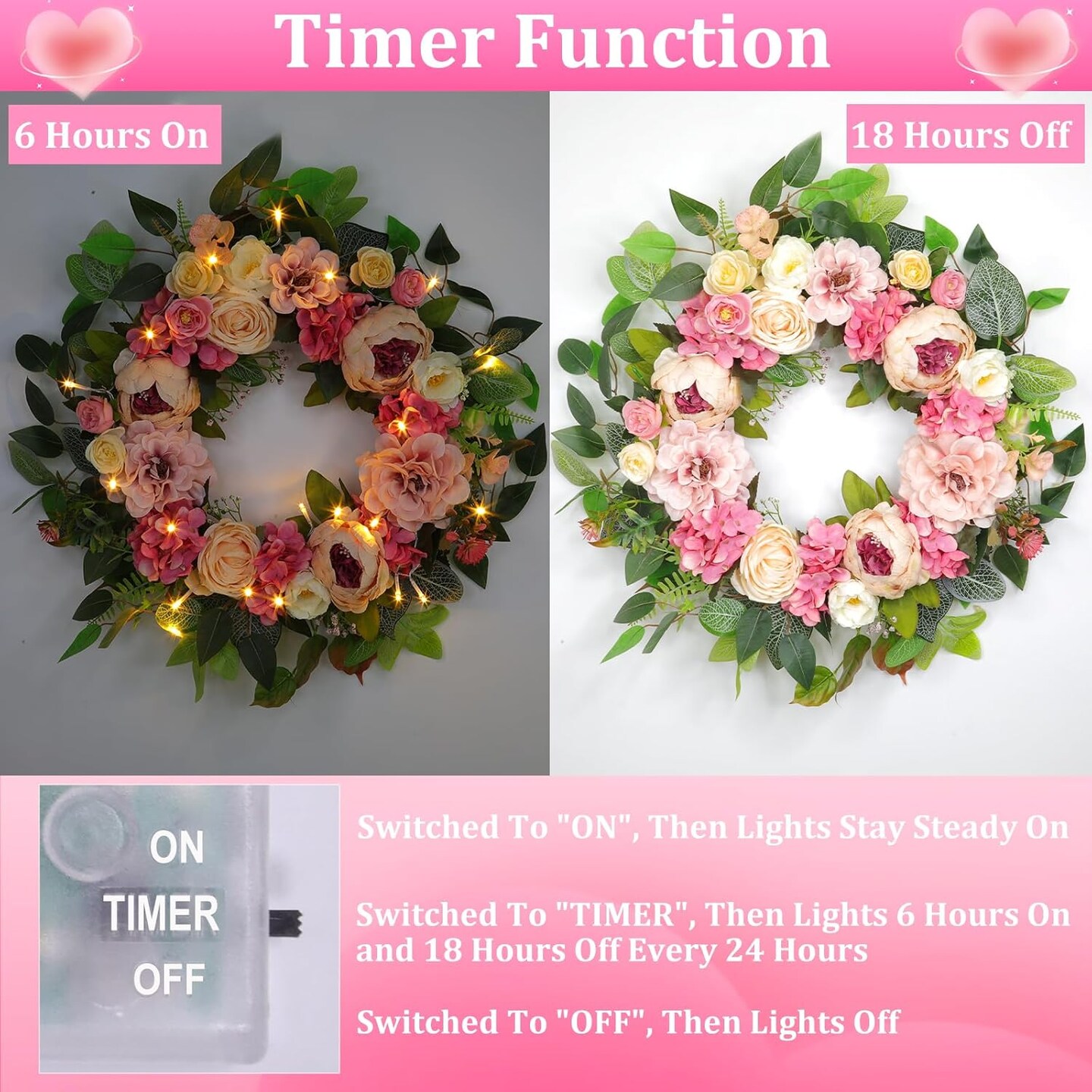 Peony Floral Wreath 22" Spring Wreaths for Front Door & Lights Timer Large Pink Peonies
