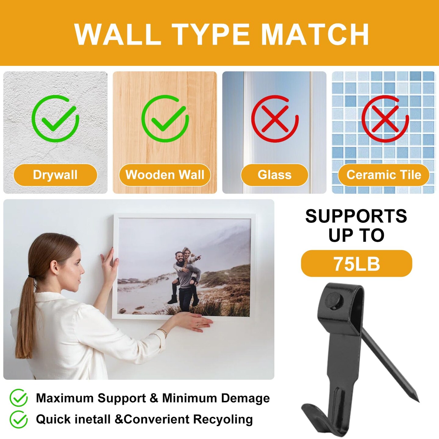 385Pcs Picture Hanging Kit with Heavy Duty Picture Hanging Hooks, Sawtooth, Hardware Nails and Picture Hanging Tool, Wall Hangers for Frame, Painting, Art, Photo (Black)