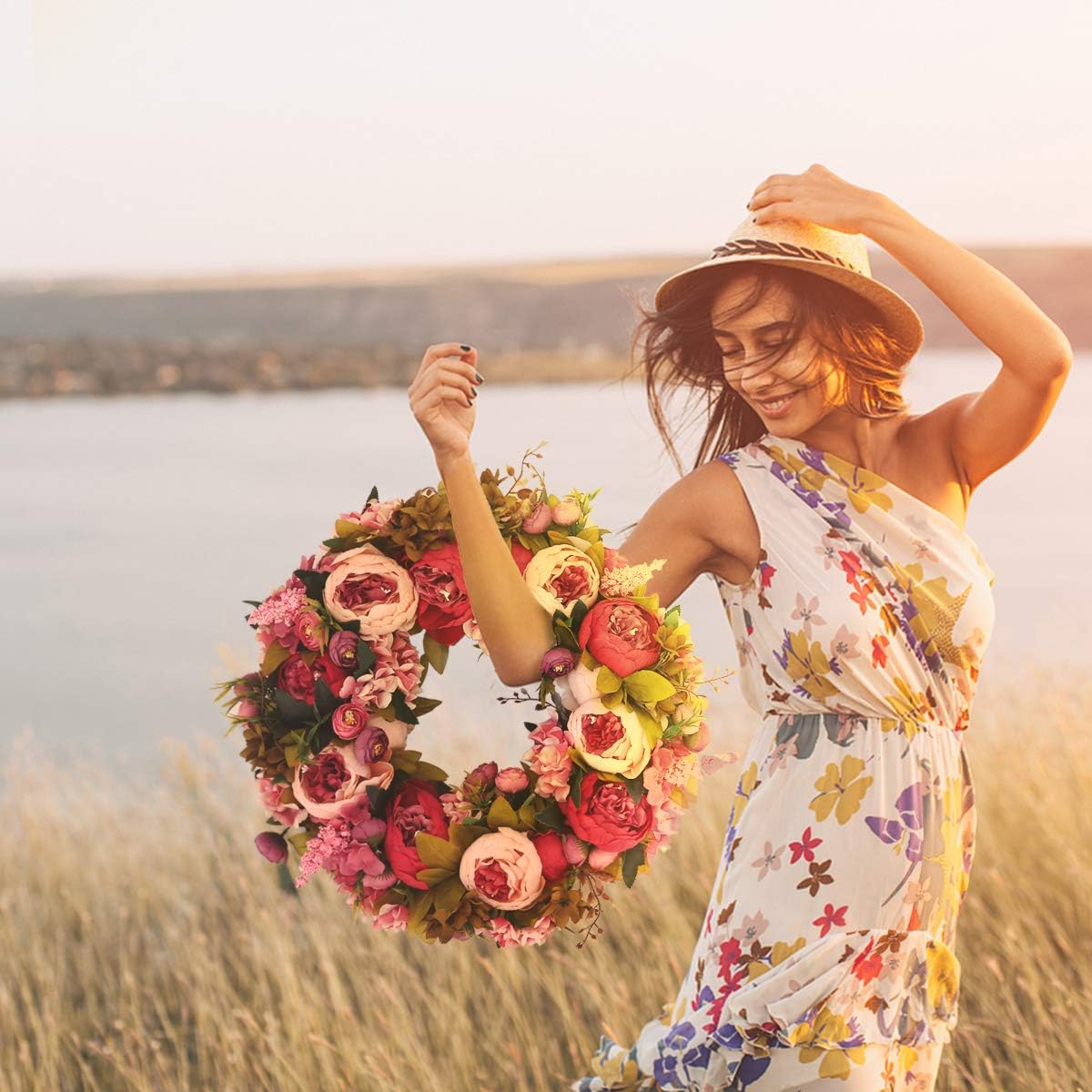 Artificial Peony Flower Wreath 19Inch Vintage Blooming Silk Peonies Spring