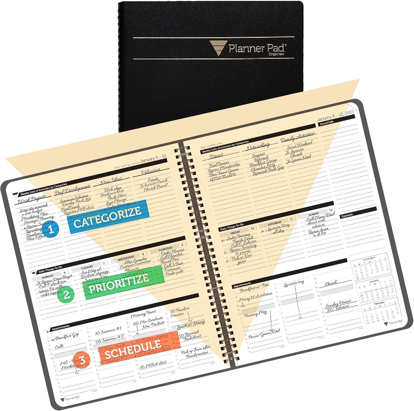 Planner Pad Spiral Bound January-December 2025/ Calendar Year 8 1/2&#x22; x 11&#x22; Large 3-Tier Funnel Down 12 Month Organizer, Black Cover/Black Ink