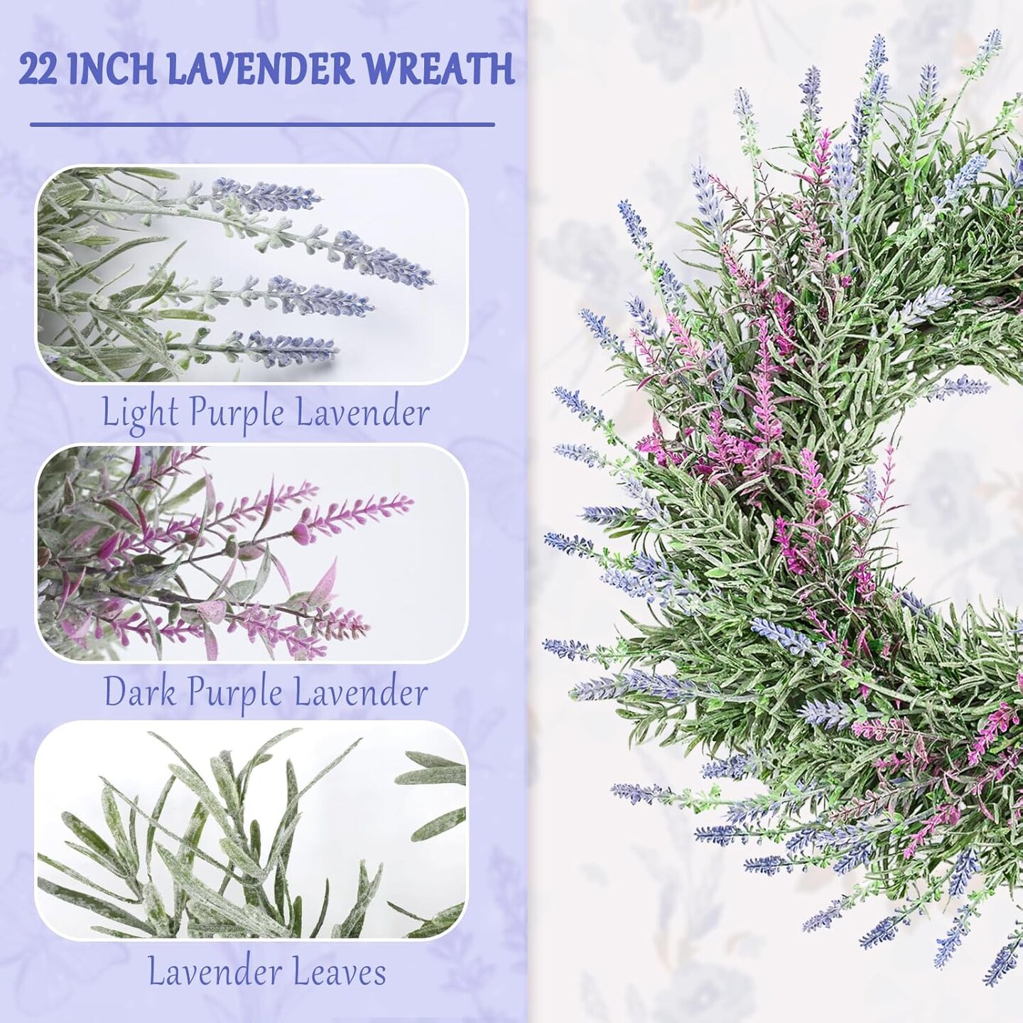 22 Inch Purple Lavender Wreath for Front Door, Artificial Lavender Wreaths