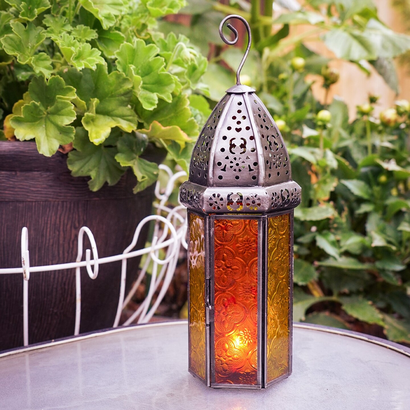 In the Breeze 9214 — Orange & Yellow Large Hex Tealight Lantern — Moroccan-Style Boho Chic Tealight Glass and Metal Tabletop Lantern