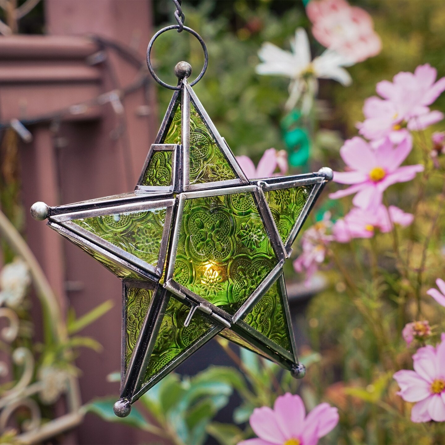 In the Breeze 9218 — Green 5-Point Star Tealight Lantern — Moroccan-Style Boho Chic Glass and Metal Tealight Hanging Lantern