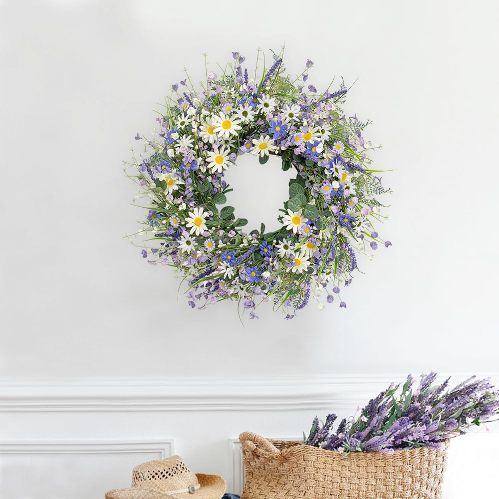 22 Inch Blue Spring Wreath – Wildflower & Lavender Floral Door Wreath for Front Door, Wall, Porch, Window, Indoor & Outdoor Home Decor