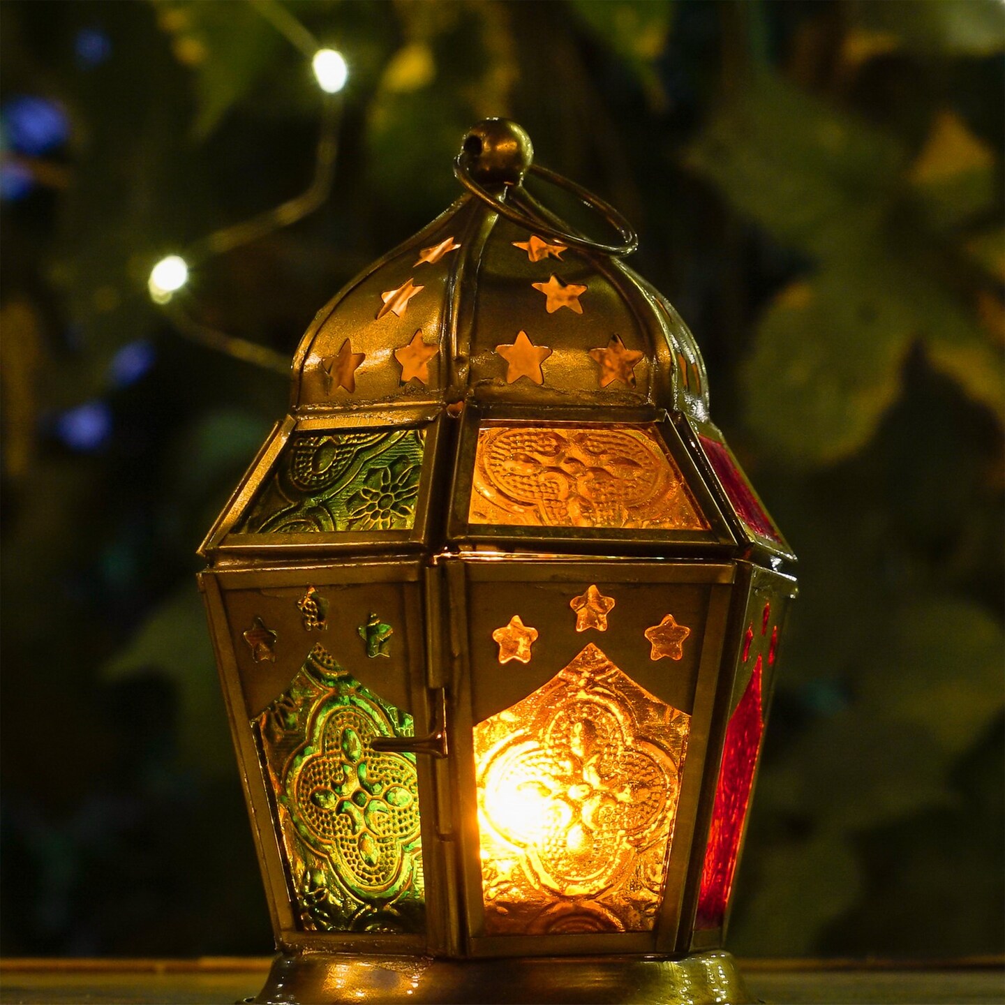 In the Breeze 9211 — Red, Yellow & Green Hex Tealight Lantern — Moroccan-Style Boho Chic Tealight Glass and Metal Tabletop Lantern