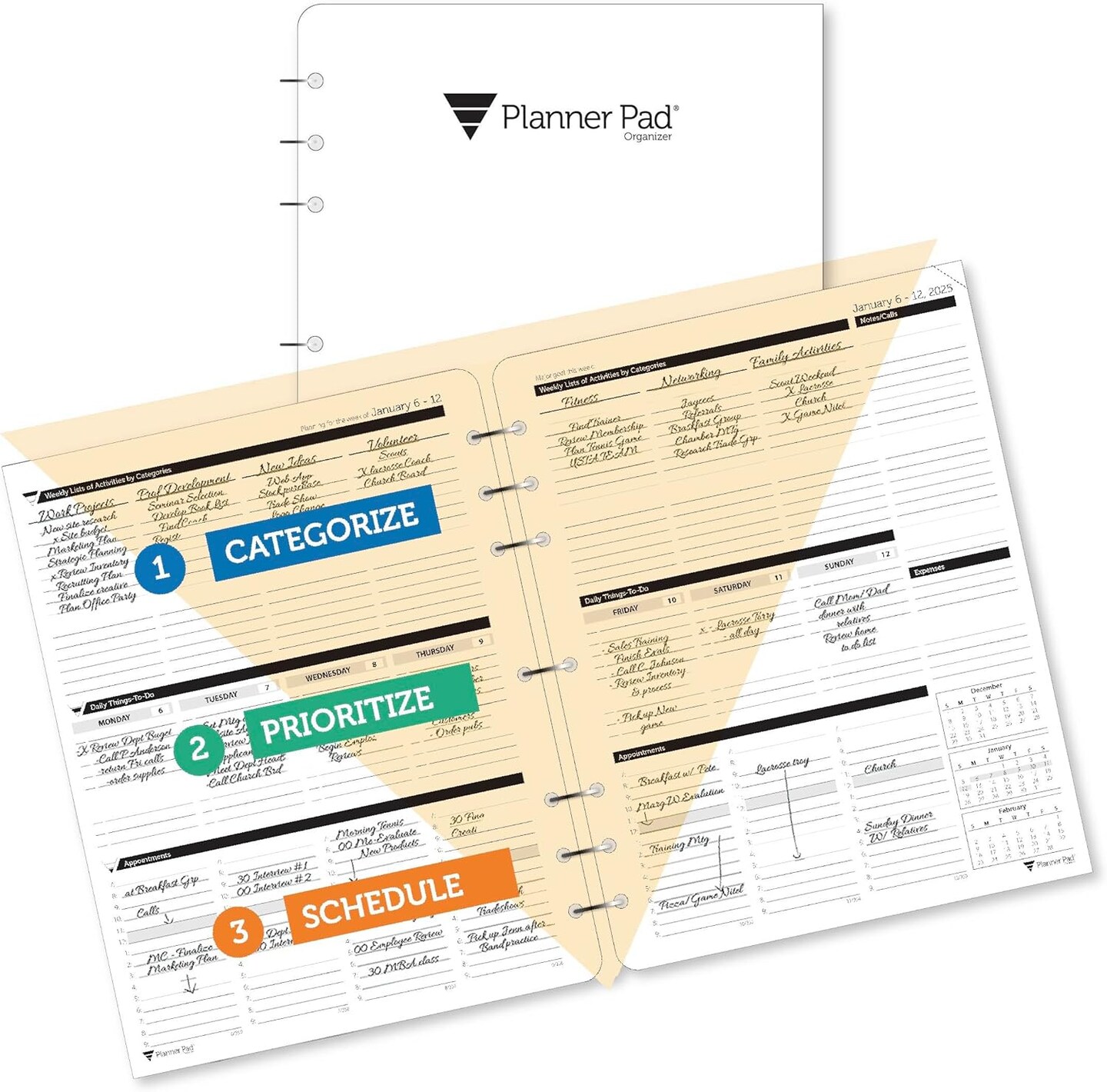 Planner Pad 7 Hole Loose Leaf January-December 2025/ Calendar Year 8 1/2" x 11" Large 3-Tier Funnel Down 12 Month Organizer, Black Ink