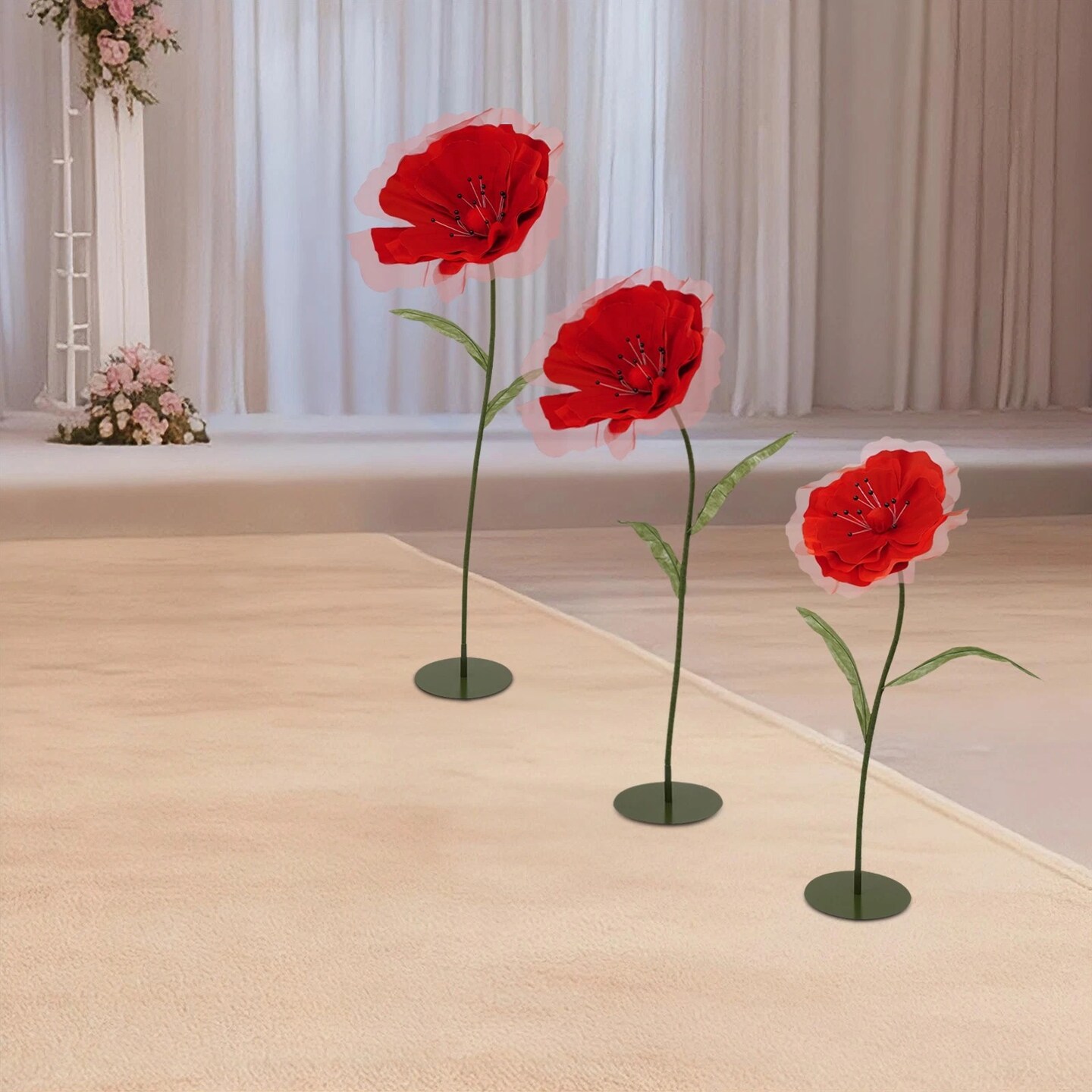 3-Piece Giant Artificial Flower Set – Red & Green Party Decor