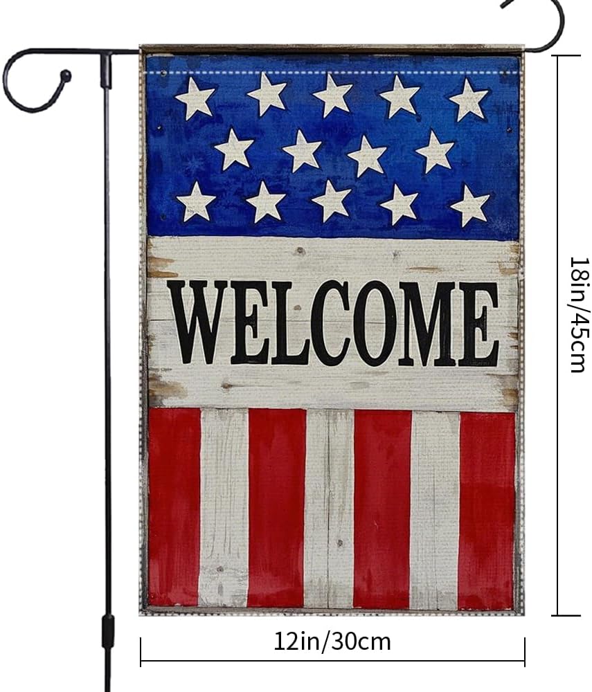 Patriotic American Garden Flag Welcome 4th Of July Garden Flags Decor Rustic Farmhouse Home Yard Lawn Double Sided Small Independence Day Decorations 12x18 Inch