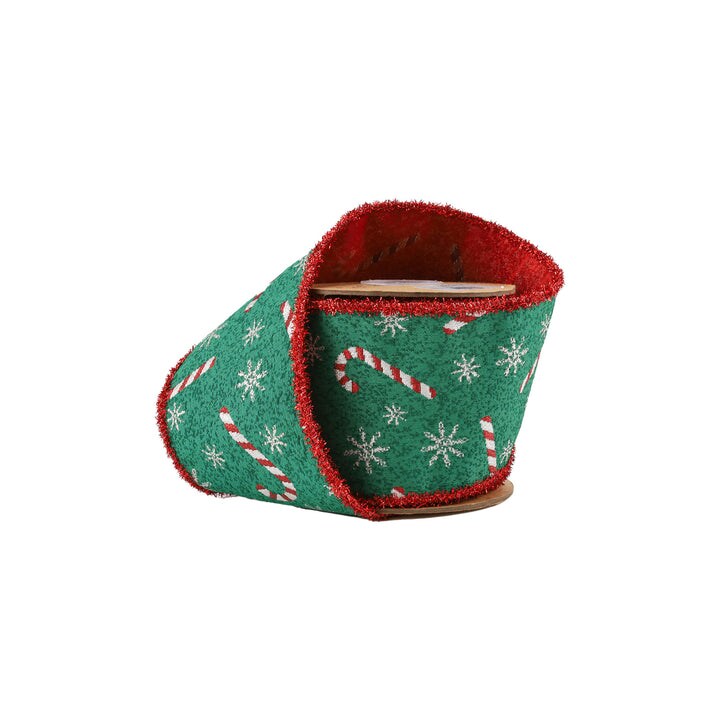LaRibbons 4" Wired Jacquard Ribbon | Candy Cane on Green w/ Red Tinsel Edge | 5 Yard Roll