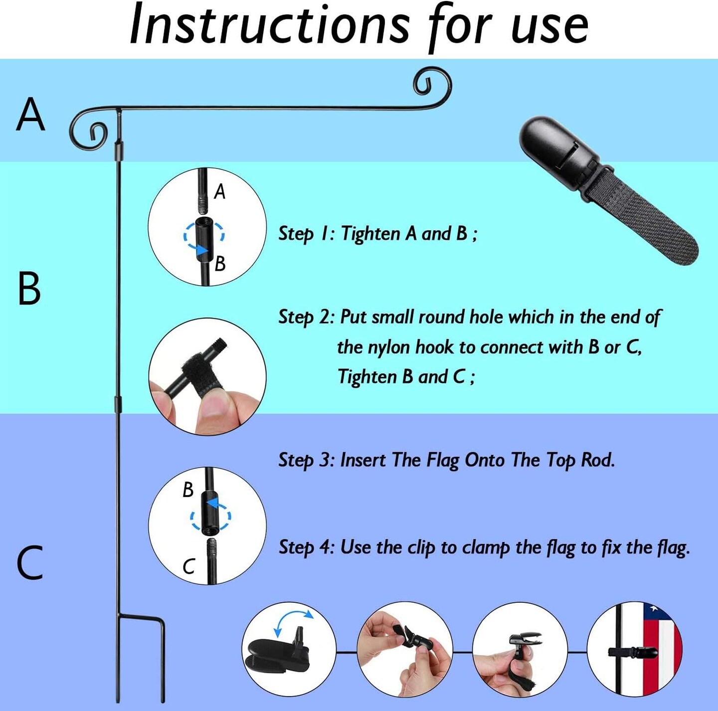 Garden Flag Stand, Yard Flag Holder,Garden Flag Hanger,Banner Pole with one Tiger Clip,Fall Decor for Outdoor Garden Lawn