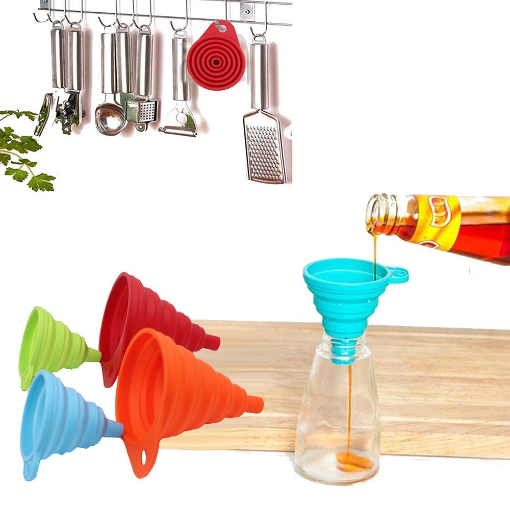 Kitchen Funnel Set 4 Pack, Small and Large, Kitchen Gadgets Accessories Foldable Silicone Collapsible Funnels for Filling Water Bottle Liquid Transfer Food Grade