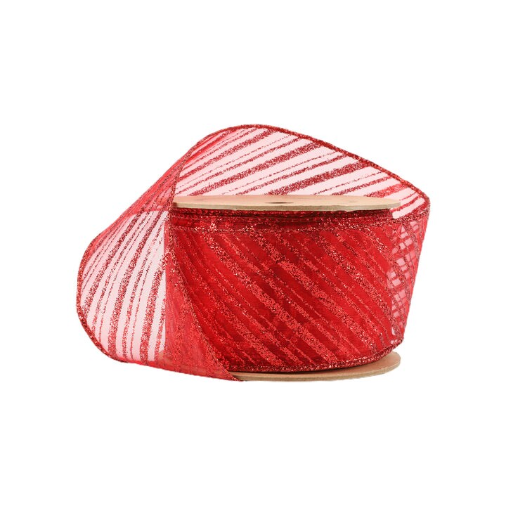 LaRibbons 2 1/2" Wired Ribbon Red Stripe on Red Sheer, 10 Yard Roll