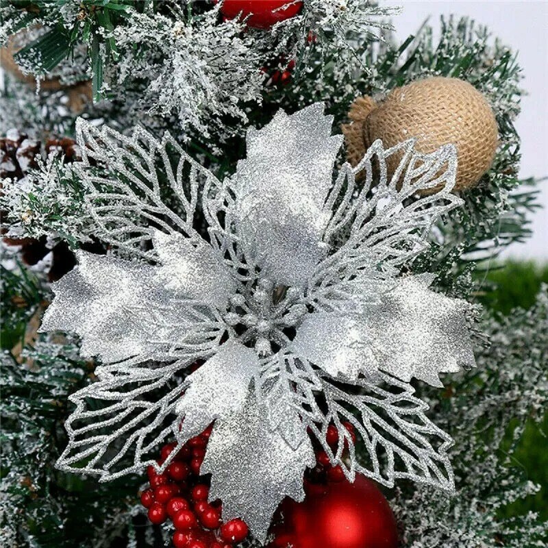 20Pcs Glitter Christmas Poinsettia Hanging Flowers Xmas Tree Decor