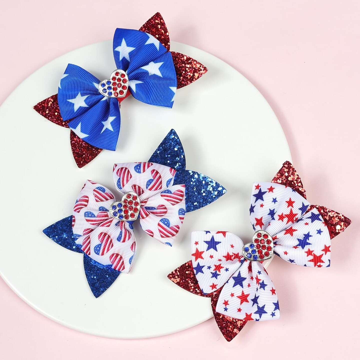 3 Pcs Patriotic Hair Bow Clips 4th of July Hair Clips Glitter Star Hair Bow Barrettes Red White Blue Hairpins July 4th Hair Accessories for Women Girls Memorial Independence Day Party Decoration