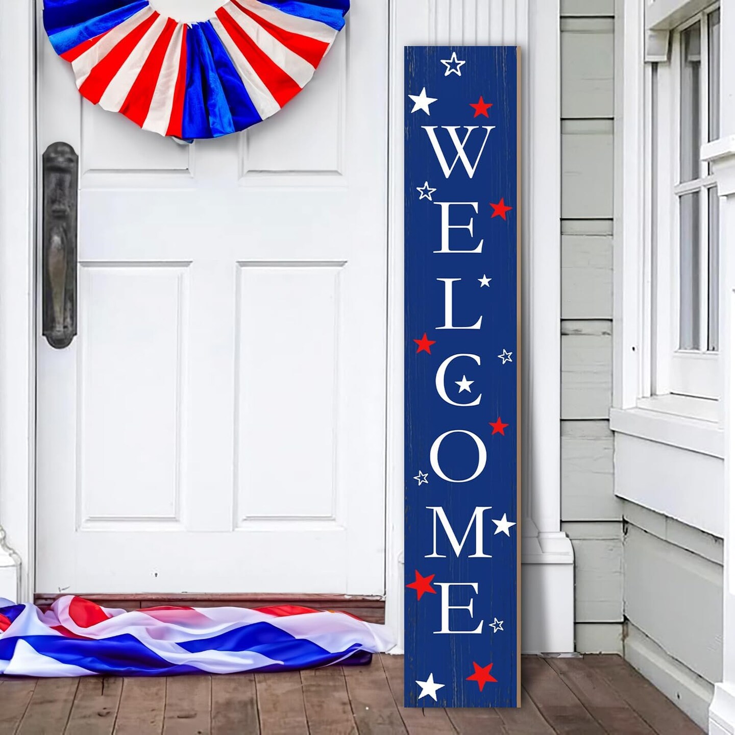 Memorial Day Decor Welcome Sign for Front Porch, American Flag Welcome Door Sign For Patio, 4th of July Vertical Yard Sign