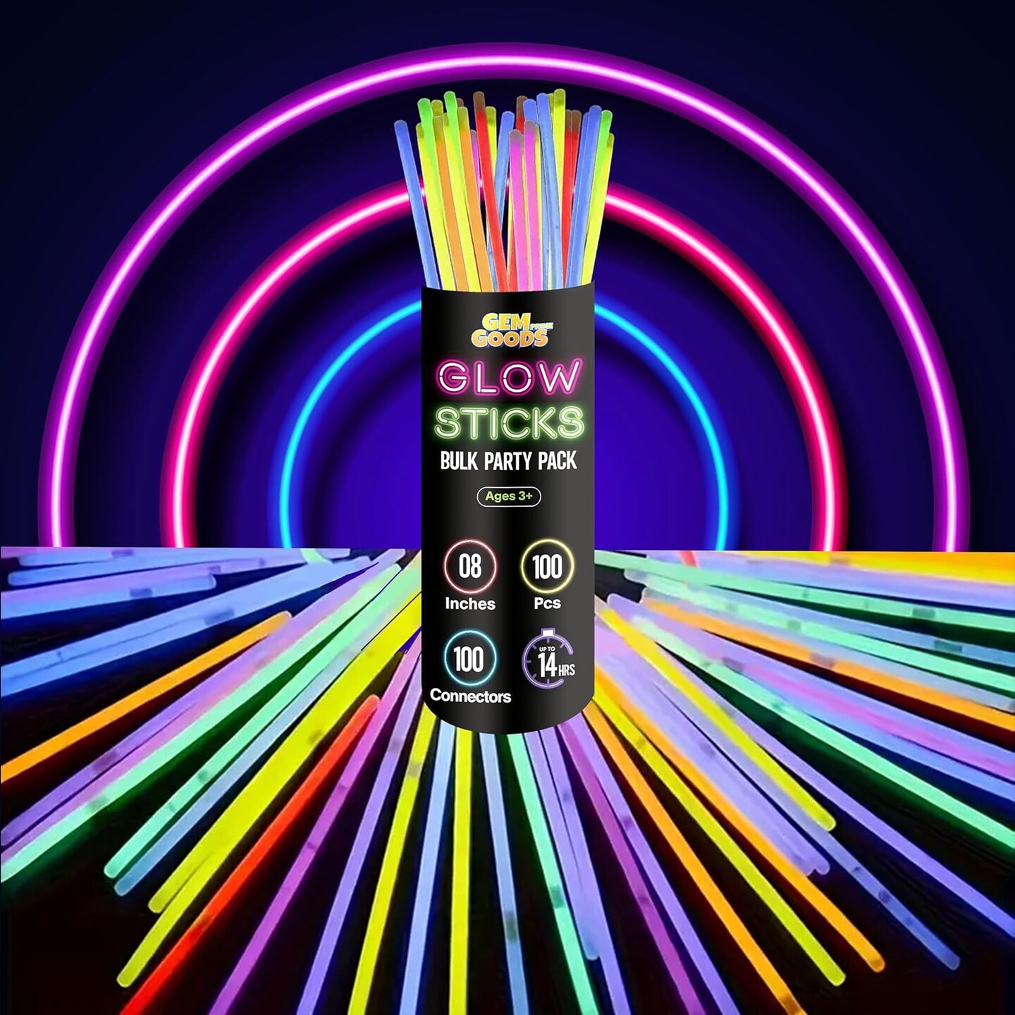 100 Pcs Glow Sticks Bulk Party Pack – 8” Glow in the Dark Party Supplies & Party Favors Pack for Glow Bracelets & Glow Necklaces – 100 Connectors for Christmas, Concerts & Birthdays