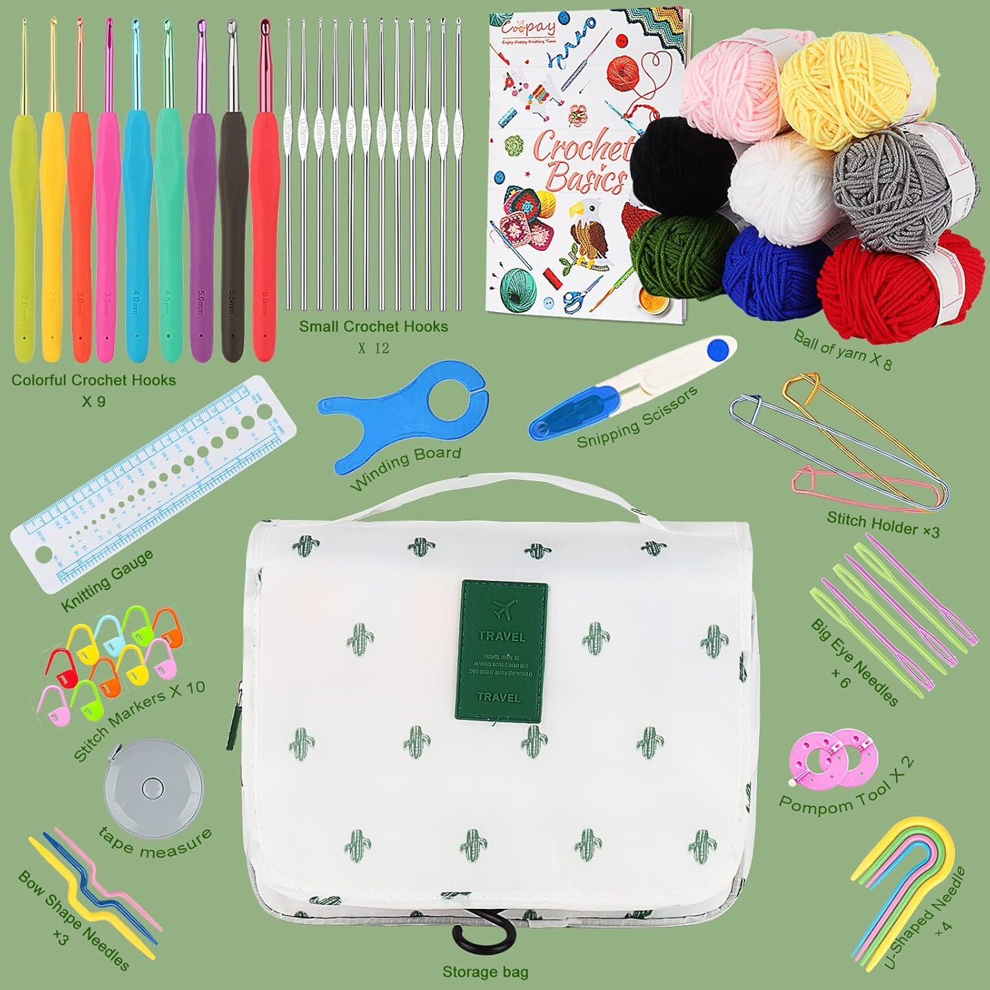Upgraded Hanging Crochet Kit - Beginner's Set with Case & 8 Yarns, 63PCS Crochet Hook Set